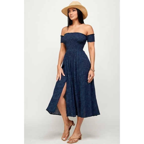 SOLD OUT Navy Leaf Floral Print Smocked Off The Shoulder Casual Summer Dress - Picture 5 of 6